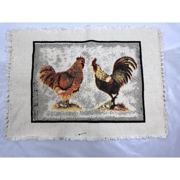 Set Of 6 Rustic Rooster Placemats Fringed Edges Linen Look Cottage‎ Farmhouse - Picture 2 of 13
